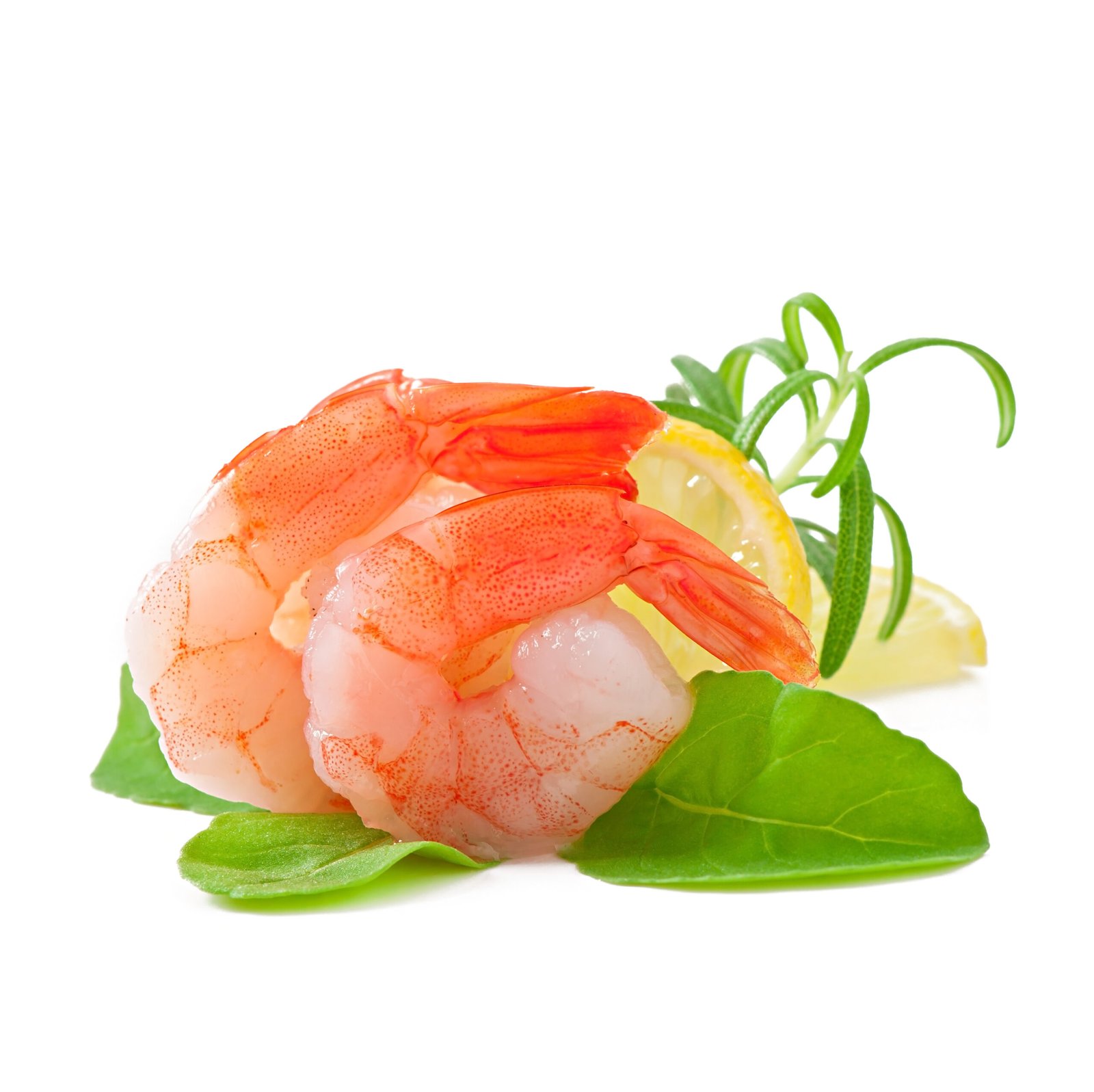 Two tail of shrimp with fresh lemon and rosemary on the white